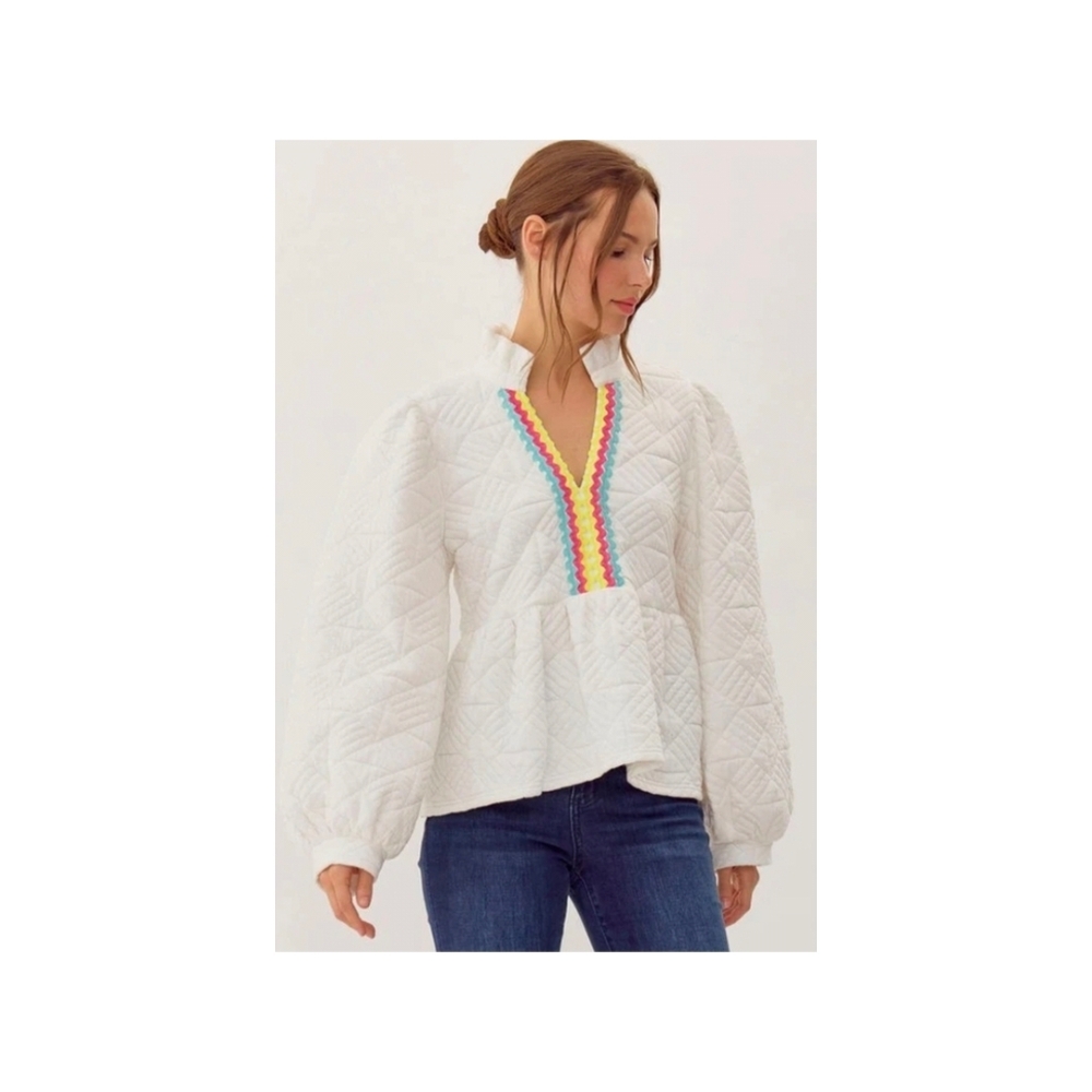 Jodifl Quilted Textured Puff Sleeve Peplum Top Ric Rac Trim Size Large